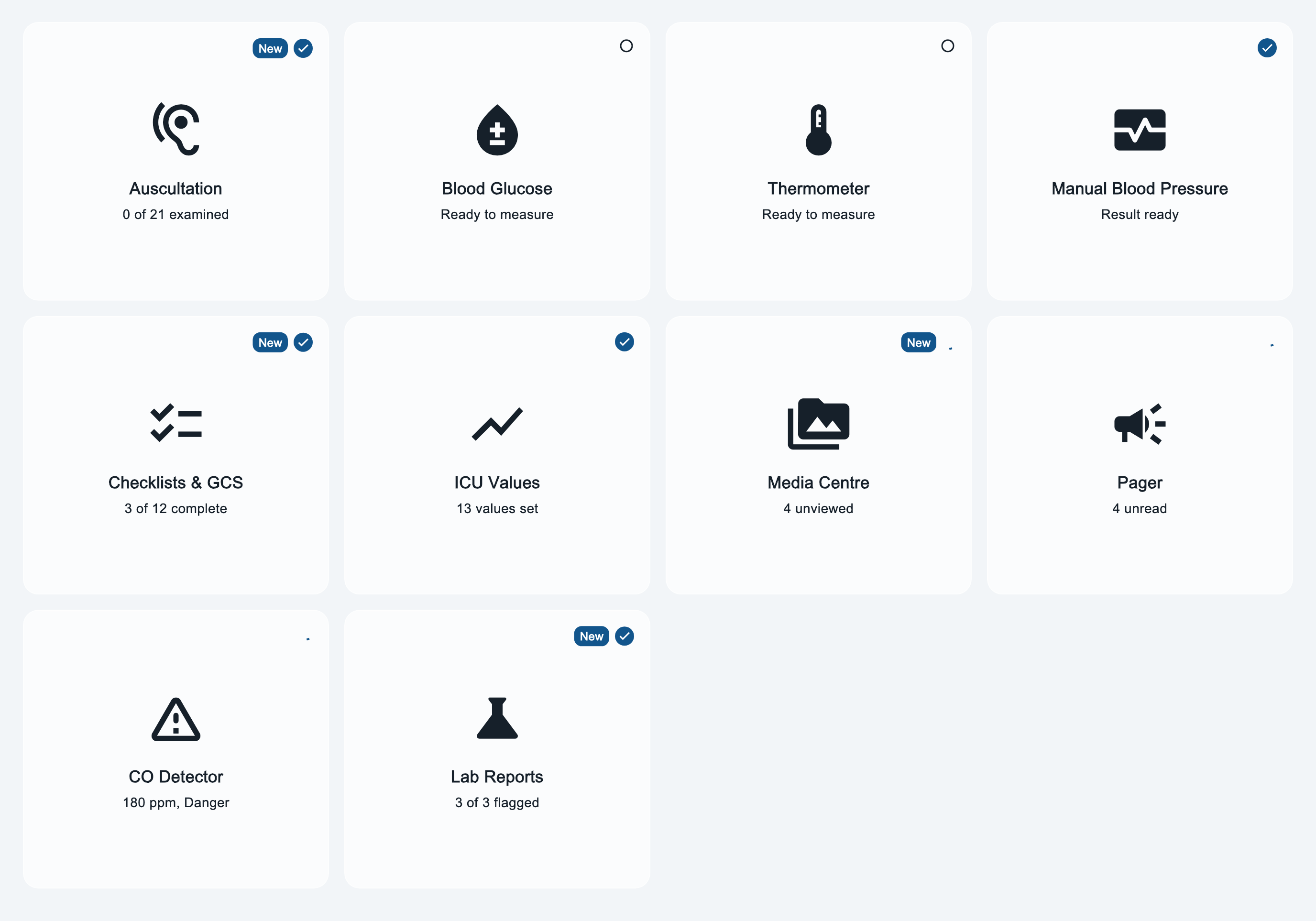 MedAccess home screen with tiles for auscultation, blood glucose, thermometer, manual blood pressure, checklists, ICU values, media, pager, CO detector and lab reports.